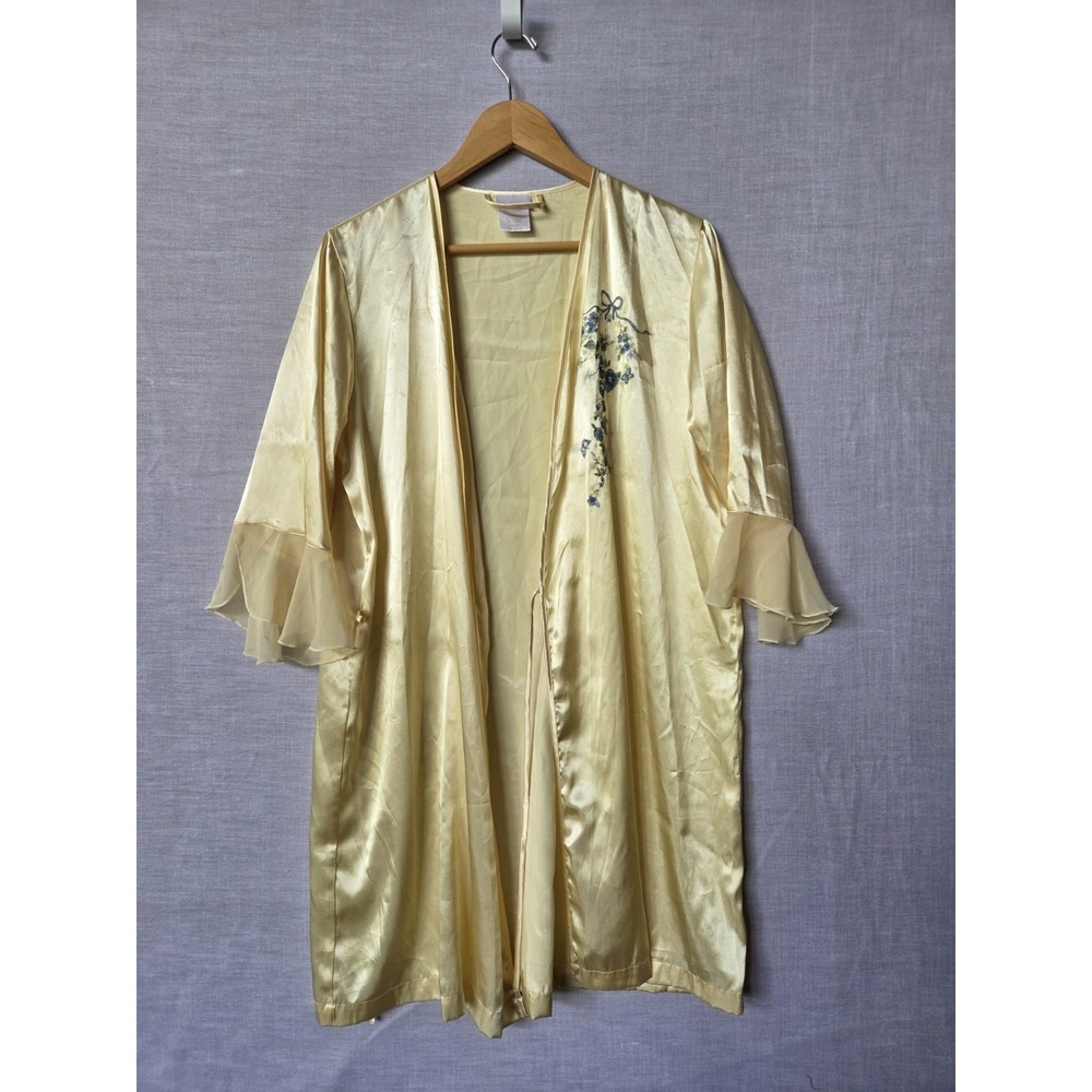 Secret Treasures Sleepwear Silky Nightgown Yellow Blue Ribbon Embroidery Vintage